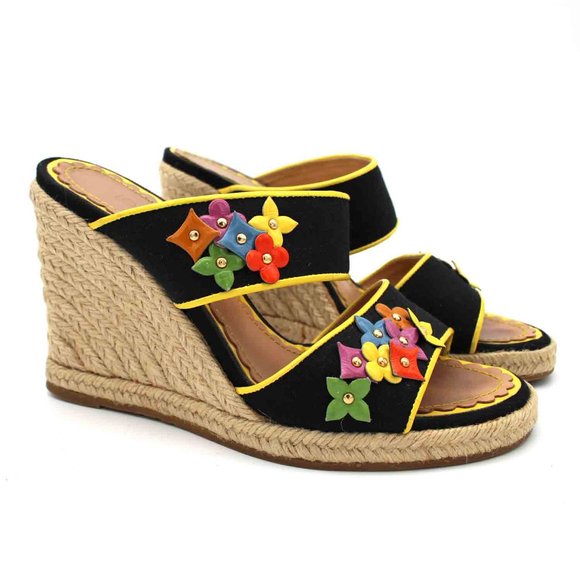 Louis Vuitton Shoes - Louis Vuitton Canvas Patent Leather Trim Monogram Flowers Wedge Espadrille 37 LV